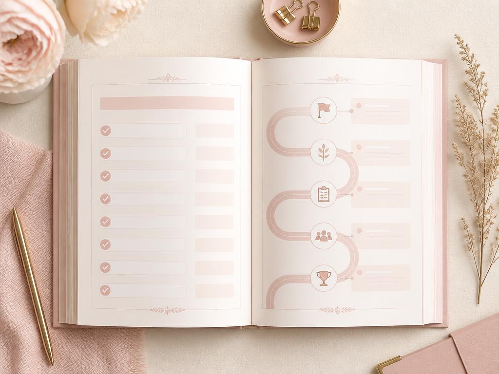 Interior playbook pages showing the 7-phase digital product launch roadmap and step-by-step checklists