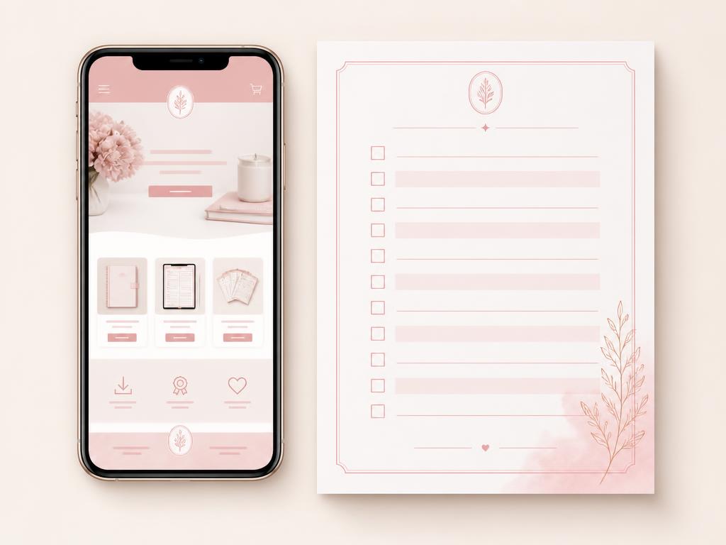 Playbook setup instructions in use: an online store page for selling digital products on a phone beside a printed launch checklist